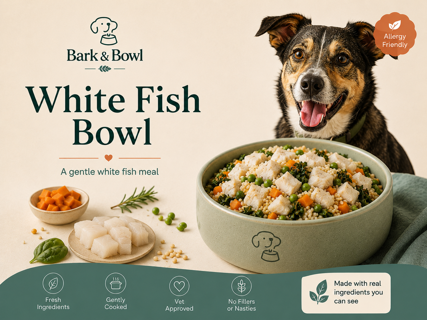 White Fish Bowl fresh dog food meal